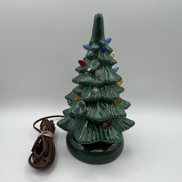 Vintage Green Ceramic Christmas Tree Lighted 10" One Piece Base Kitsch 70s - Picture 2 of 12